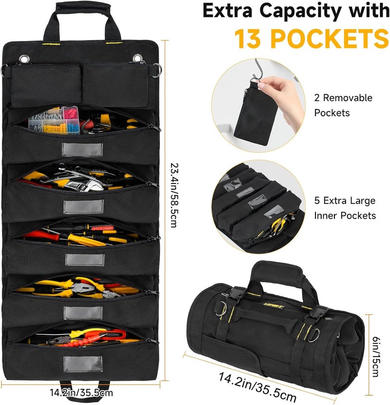 LEFORZ Tool Bag,Large Roll Up Tool Bag Organizer,13 Pockets Tool Roll Storage Pouch,Heavy Duty Portable Tool Storage Carrier Bag for Men,Mechanic,Electrician & Hobbyist,Black - Image 2